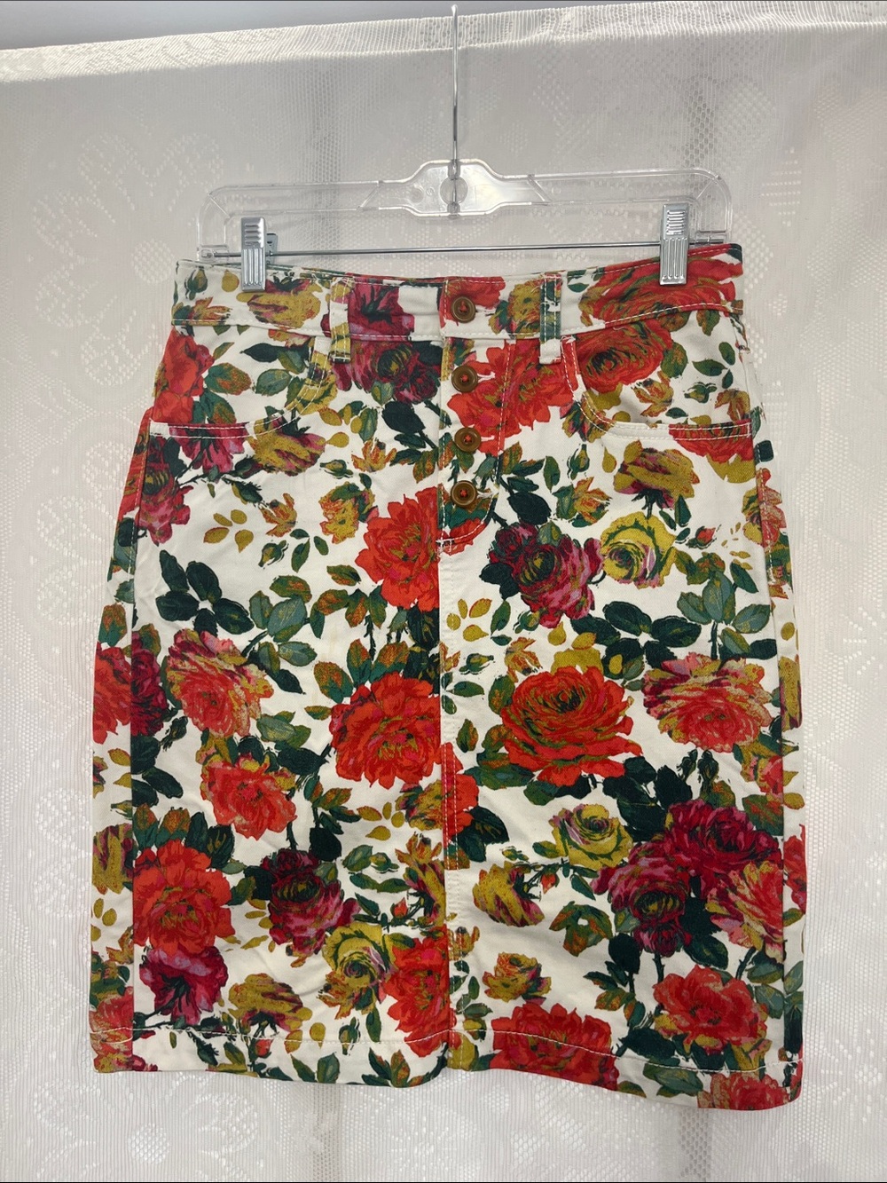 Maeve Floral Button-Front Cotton Blend Skirt - White with Red & Green Roses 4